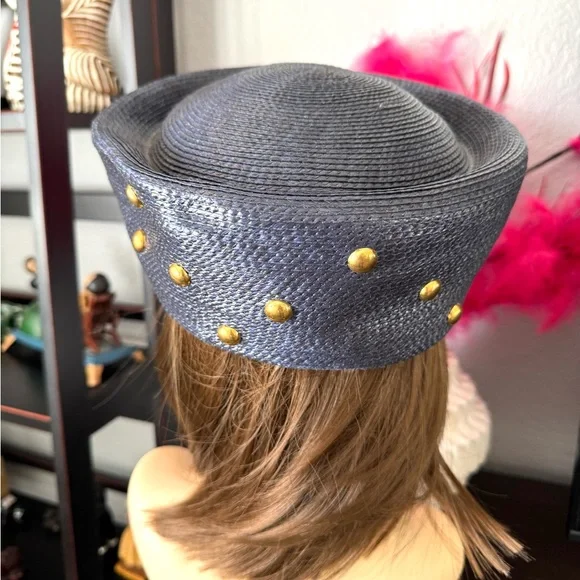 Vintage Navy Blue and Gold Studded Women's Hat - Picture 6 of 9